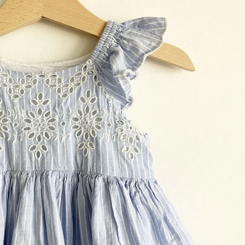 babyGap Eyelet Dress Baby Girl Size 6-12M Blue Striped Scalloped 100% Cotton